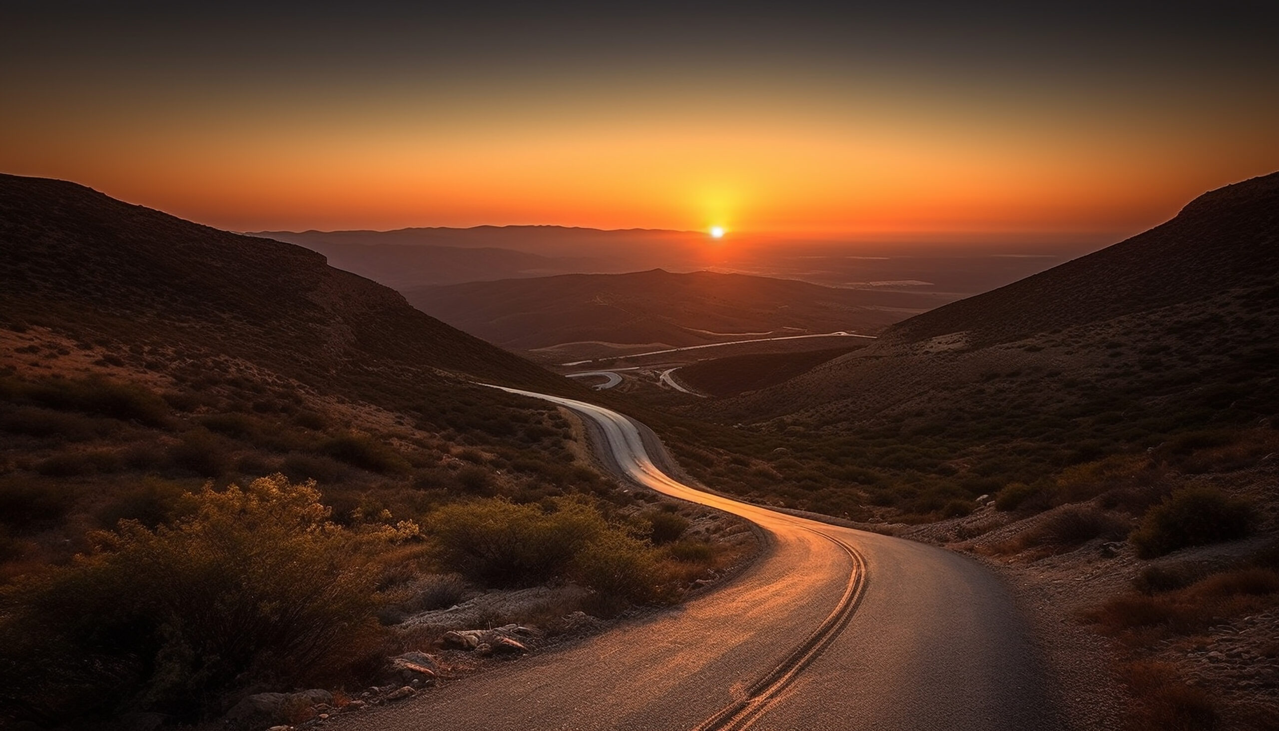 Sunset over mountain range on rural country road generated by artificial intelligence